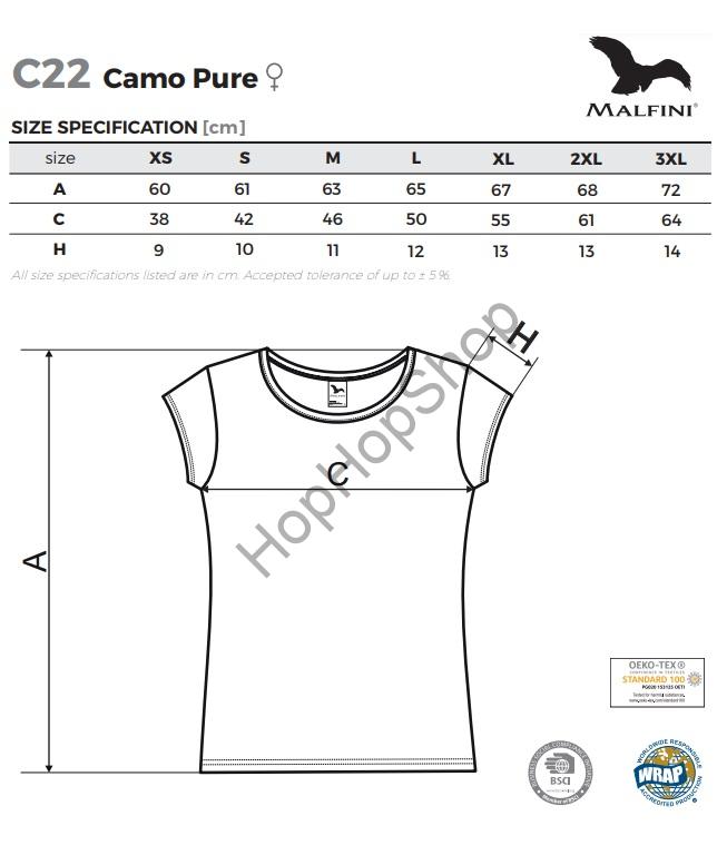 MALFINI CAMO PURE C22-34, triko, dámské/dívčí, 100% bavlna, camouflage / maskáč, zelený / green