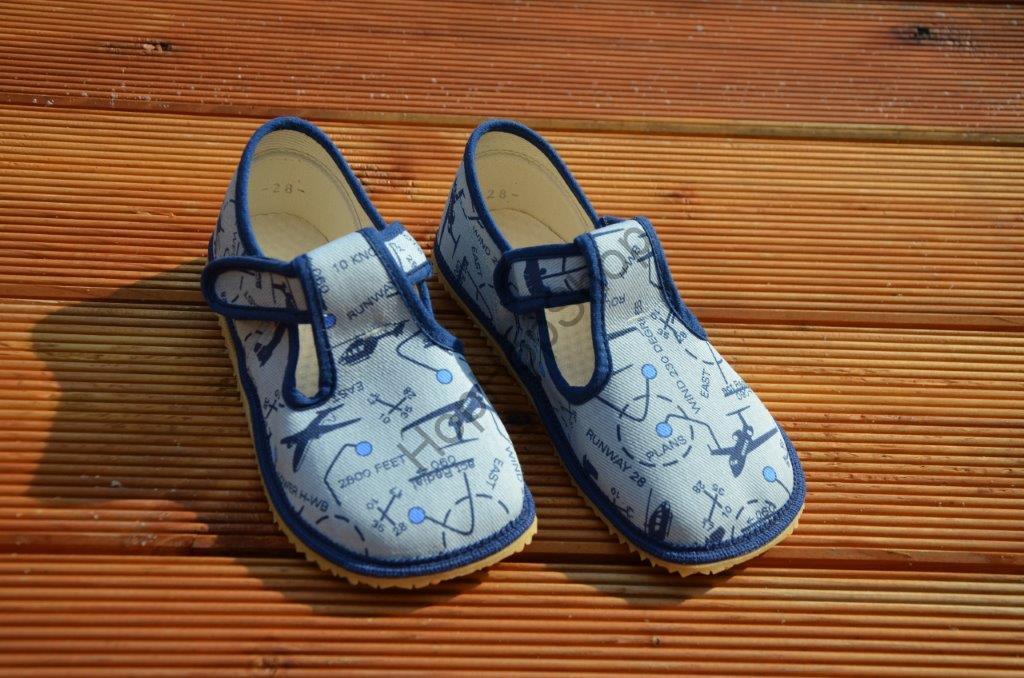 Beda barefoot 060010/W bačkorky, chlapecké, modrošedé, letadla