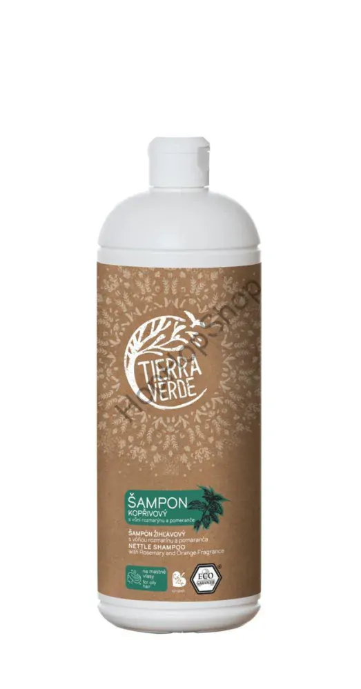 Tierra Verde Kopřivový šampon na mastné vlasy s vůní rozmarýnu a pomeranče, Certifikát Ecogarantie, 1000ml
