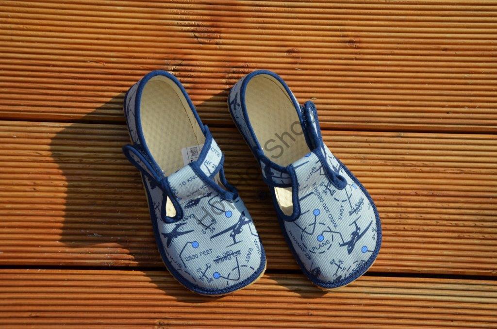 Beda barefoot 060010/W bačkorky, chlapecké, modrošedé, letadla