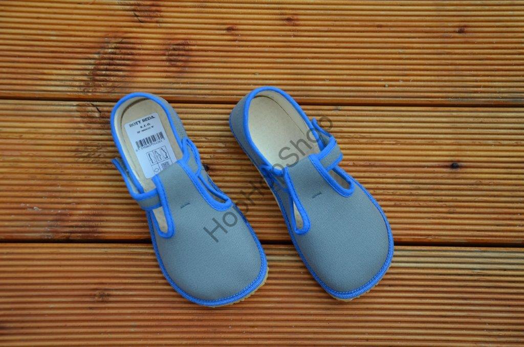 Beda barefoot 060010/W bačkorky, chlapecké, šedé, modrý lem