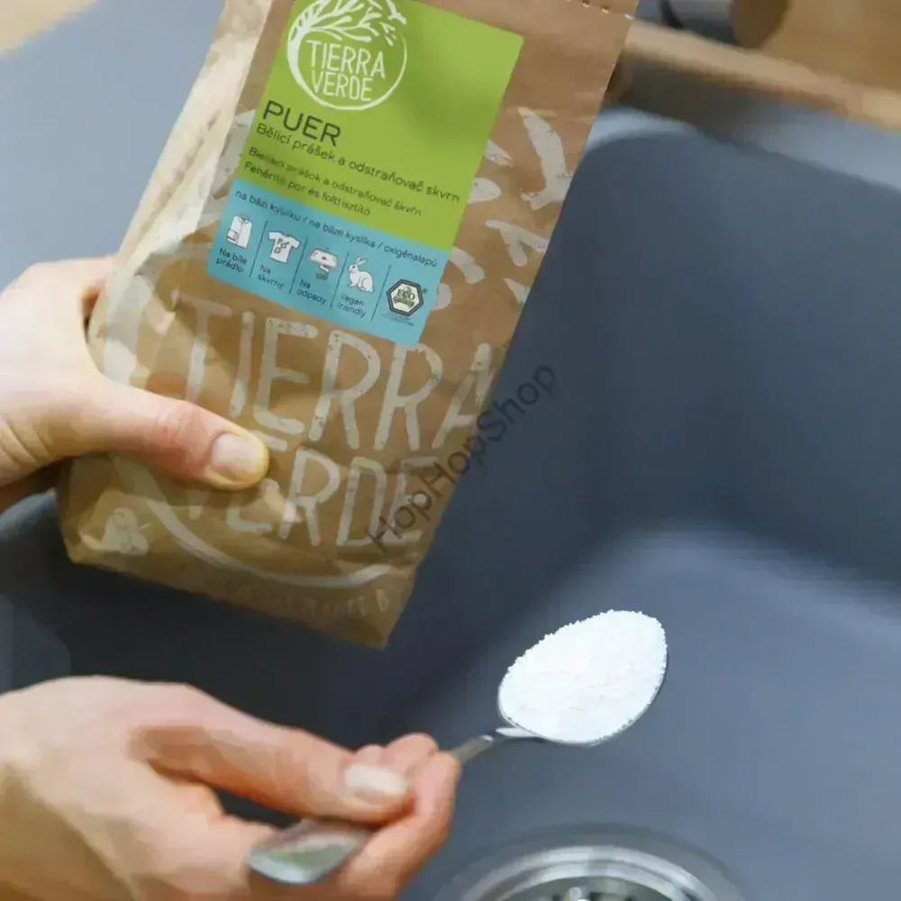 Tierra Verde Puer – bělicí prášek a odstraňovač skvrn na bázi kyslíku, Certifikát Ecogarantie, 1000g