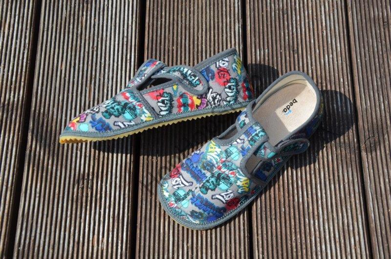 Beda barefoot 060010/W/02 SLIM bačkorky, chlapecké, šedé, GRAFITTI