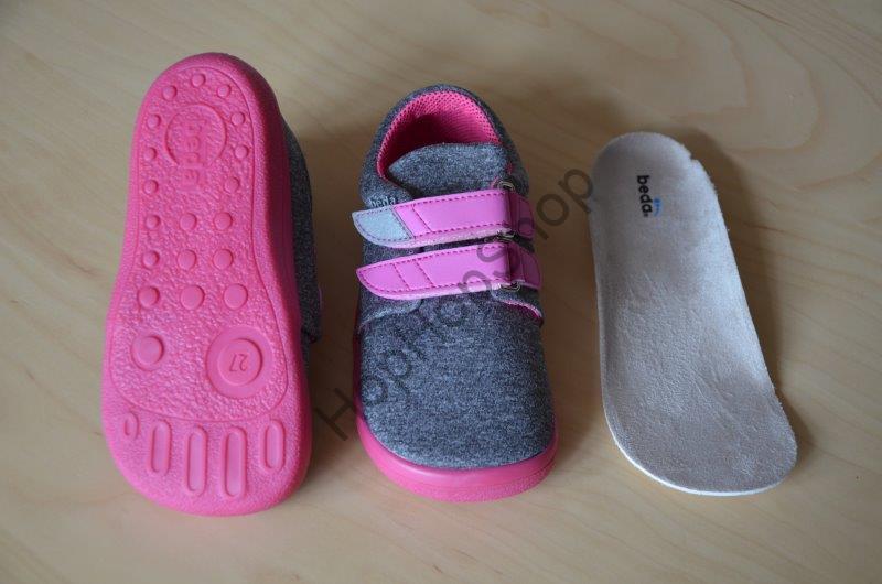 Beda barefoot BF 0001/W/N SOFT CANDY celoroční, softshellové, nízké, dívčí, suchý zip, šedá/růžová