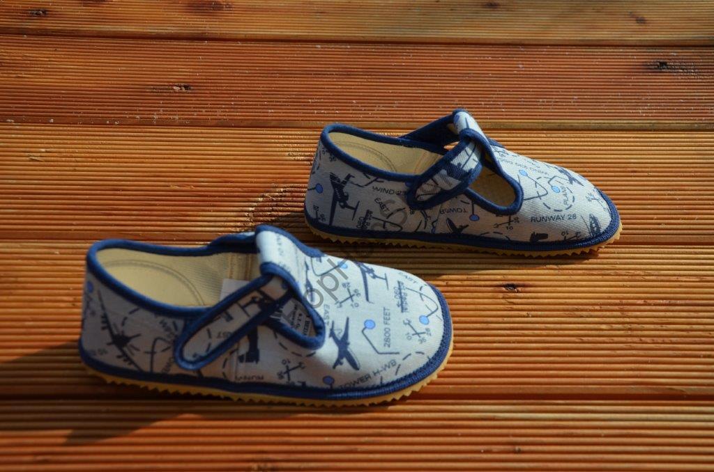 Beda barefoot 060010/W bačkorky, chlapecké, modrošedé, letadla