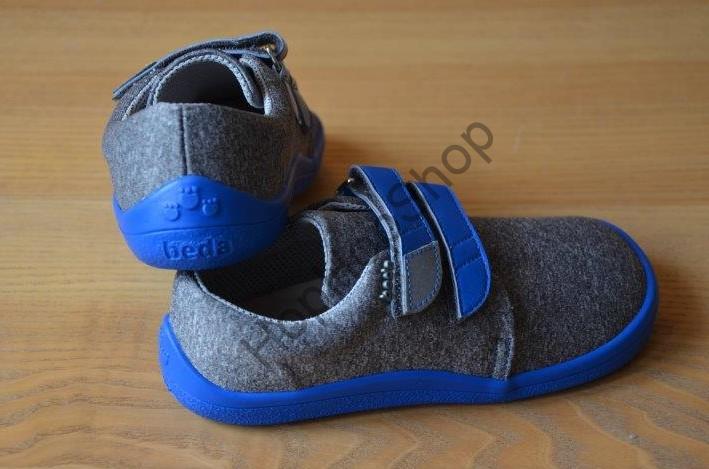 Beda barefoot BF 0001/W/N SOFT SKY celoroční, softshellové, nízké, chlapecké, 2x suchý zip, šedá/modrá