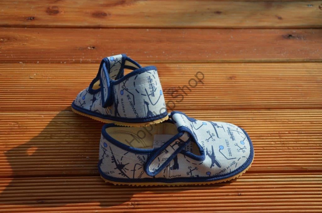 Beda barefoot 060010/W bačkorky, chlapecké, modrošedé, letadla