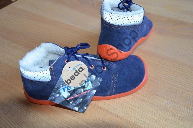 Beda barefoot BF 0001/MK BLUE MANDARIN celoroční, kožené, kotníkové, membrána, kožíšek, tkaničky