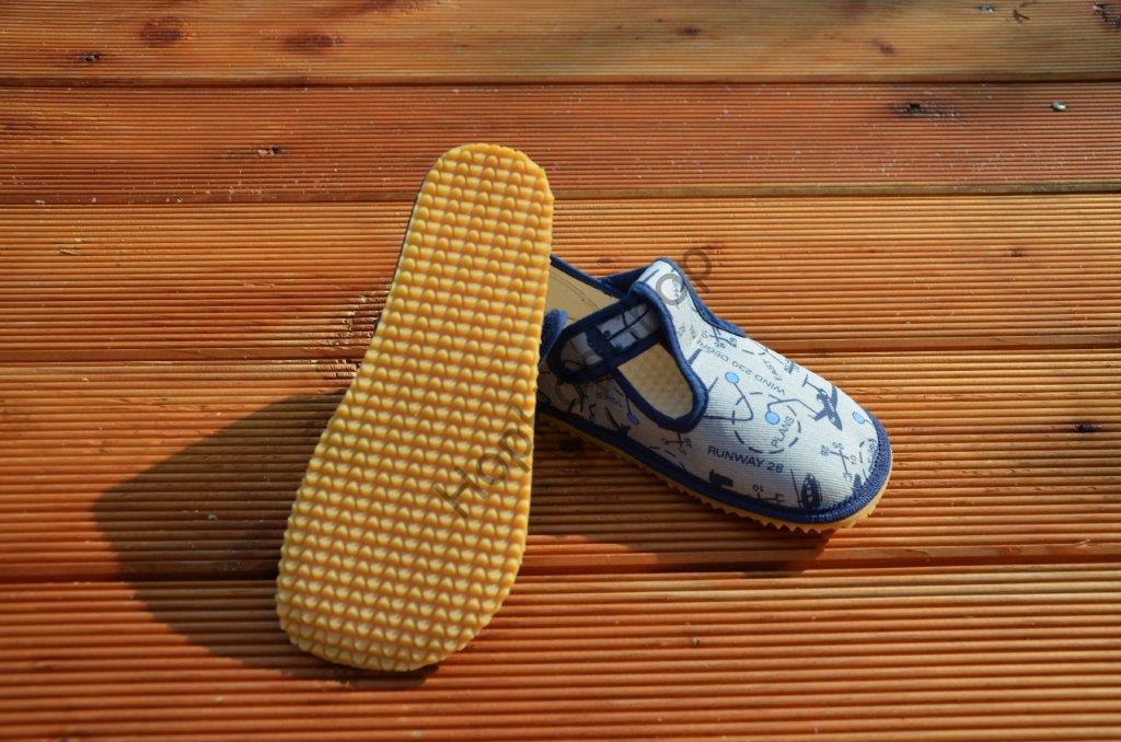 Beda barefoot 060010/W bačkorky, chlapecké, modrošedé, letadla