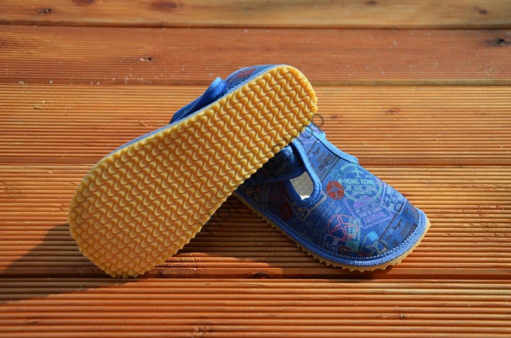 Beda barefoot 060010/W bačkorky, chlapecké, modré, nápisy